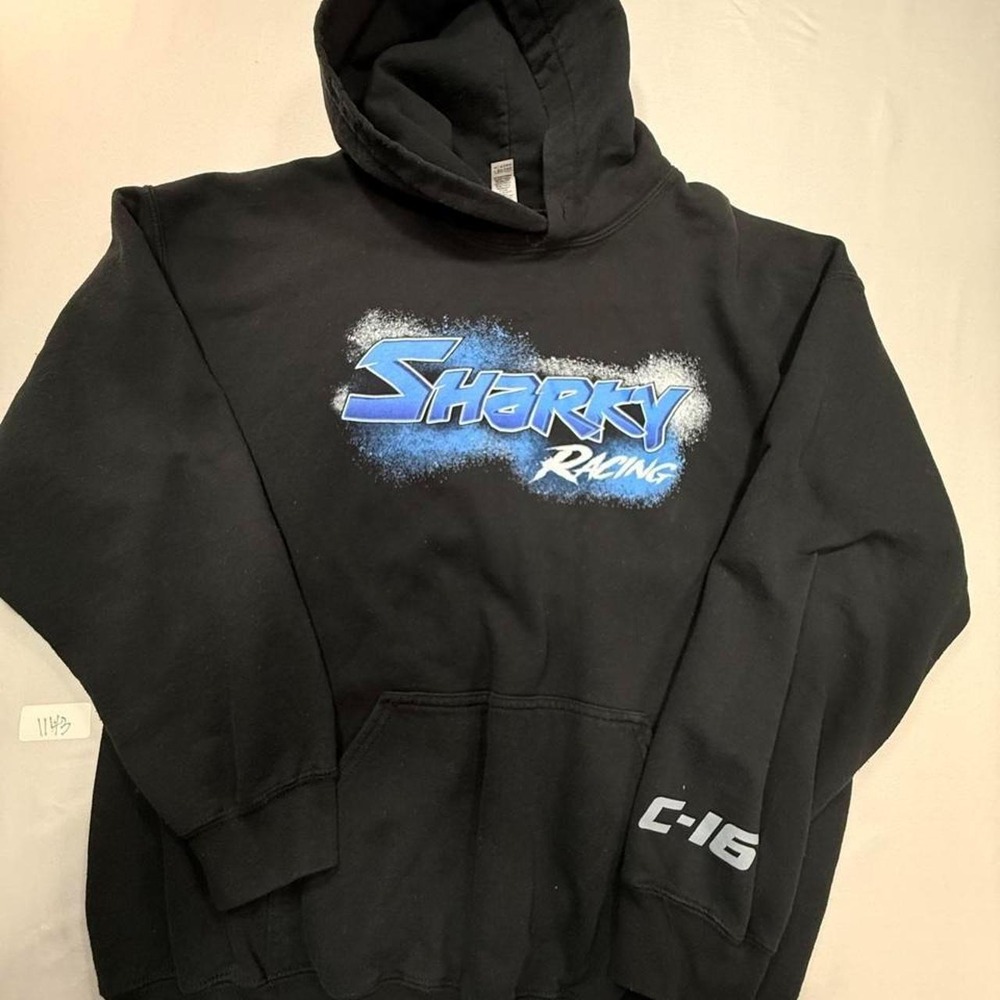 Sharky Racing black hoodie with blue 'SHARKY RACING' graphic #racing #motorsport